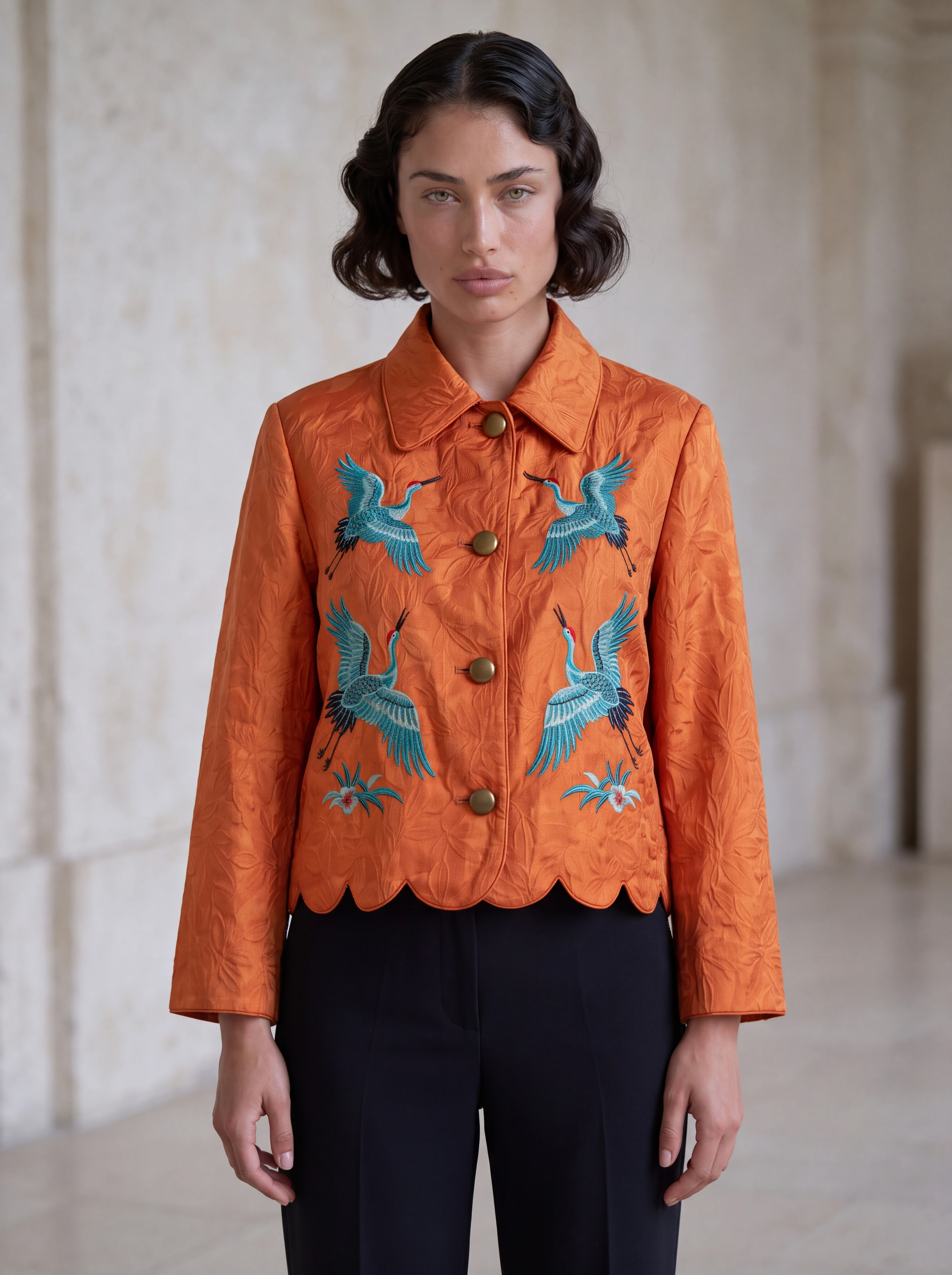 Astria reference-based image of the same synthetic model and jacket in a pale stone gallery
