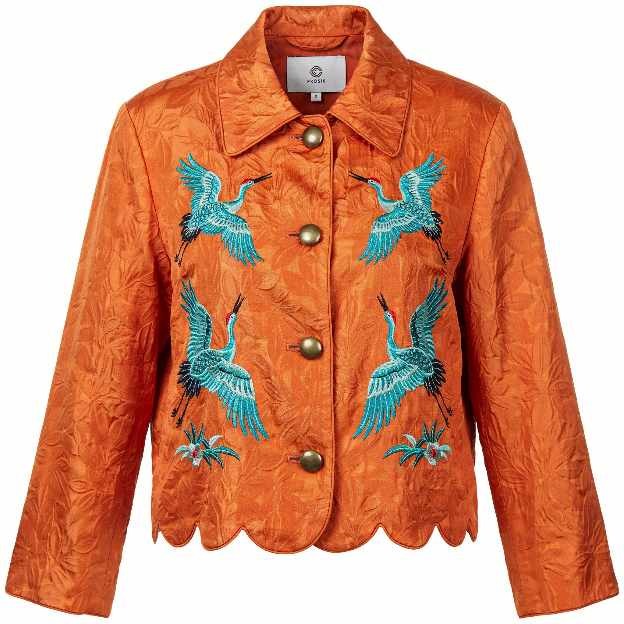Supplied synthetic orange jacket reference with teal cranes and brass buttons
