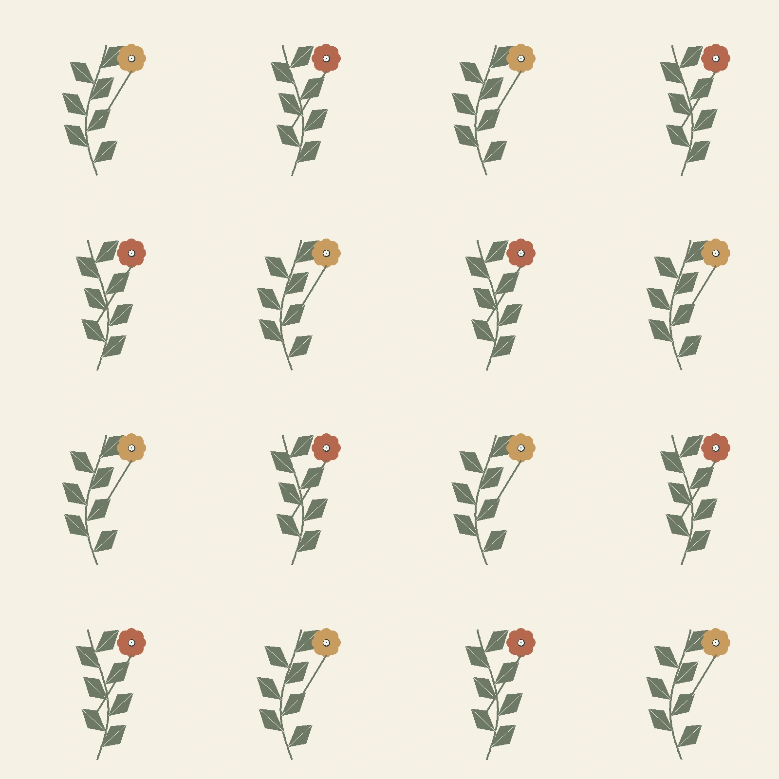 Seamless linen artwork master: repeated sage stems with terracotta and ochre flowers on ivory