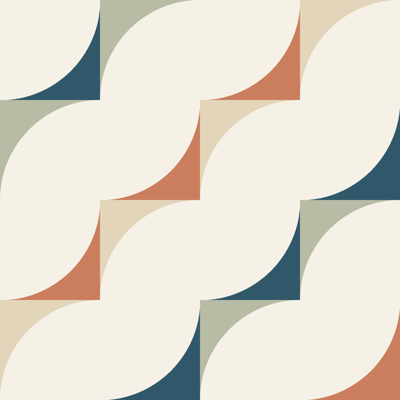Source seamless repeat tile with navy, sage, terracotta and cream geometric quarter-circle motifs