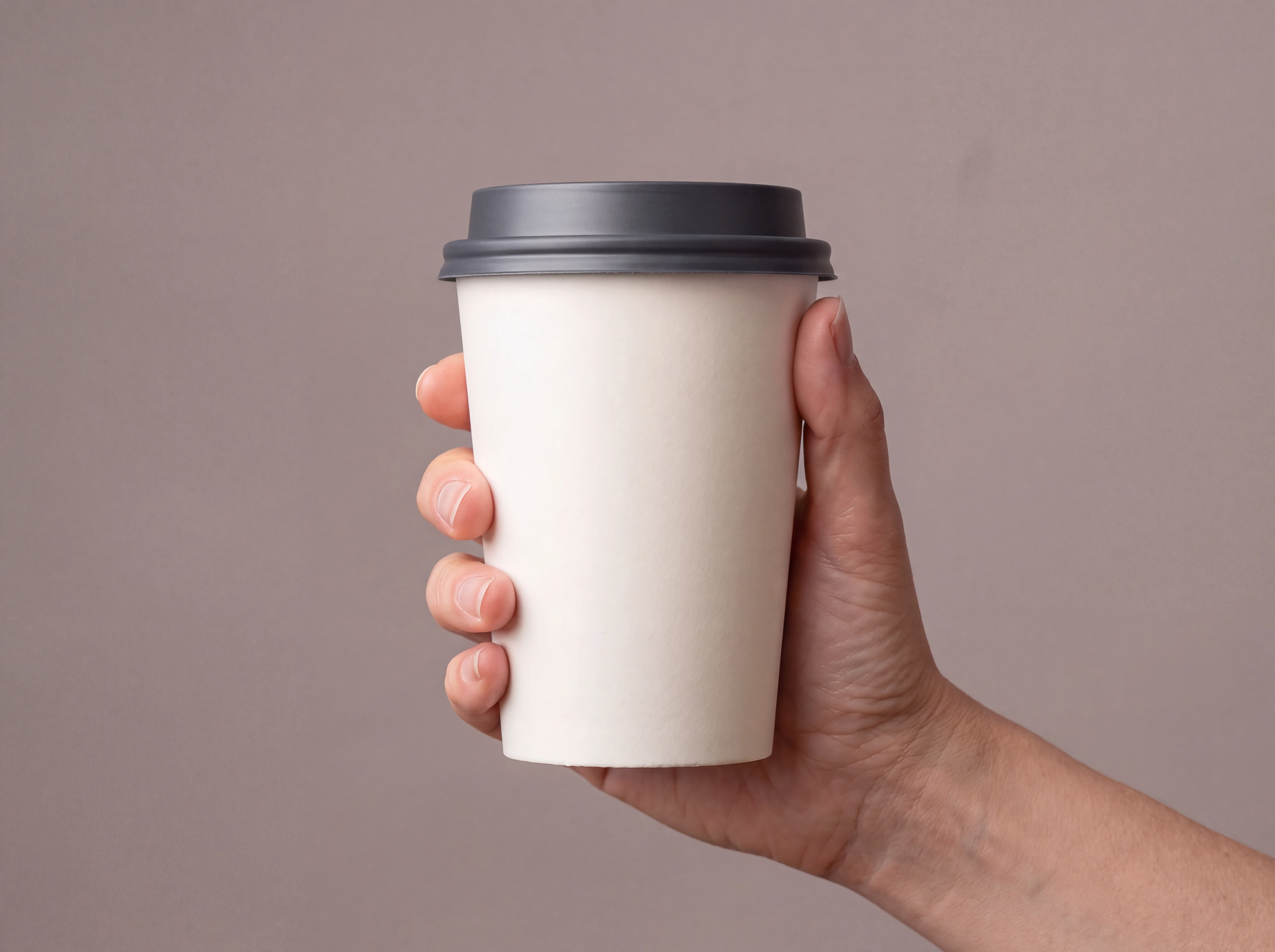 Reference-driven plain paper cup with charcoal lid held in an adult hand