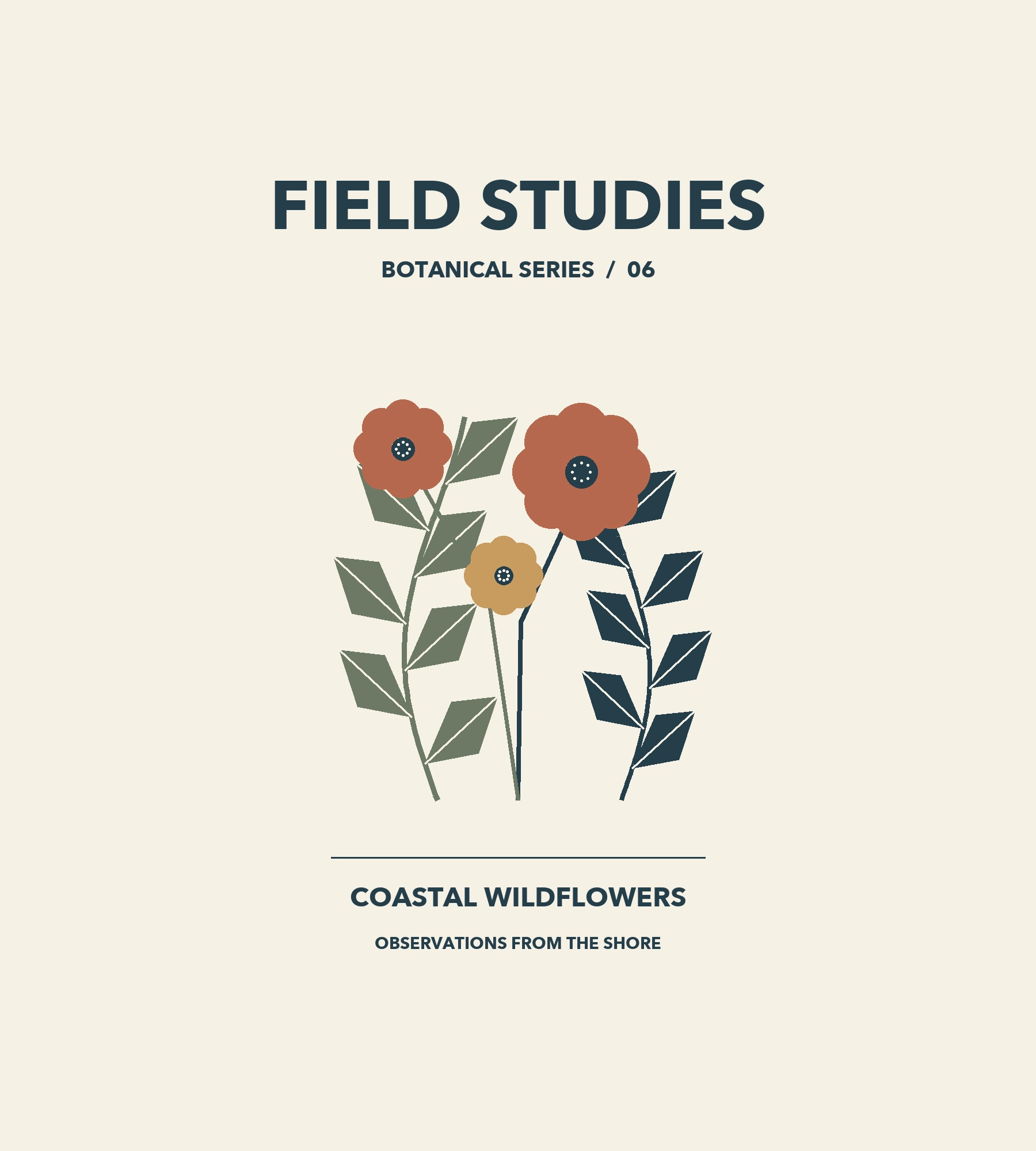 Upright shirt artwork master: FIELD STUDIES heading, three botanical flowers and smaller captions