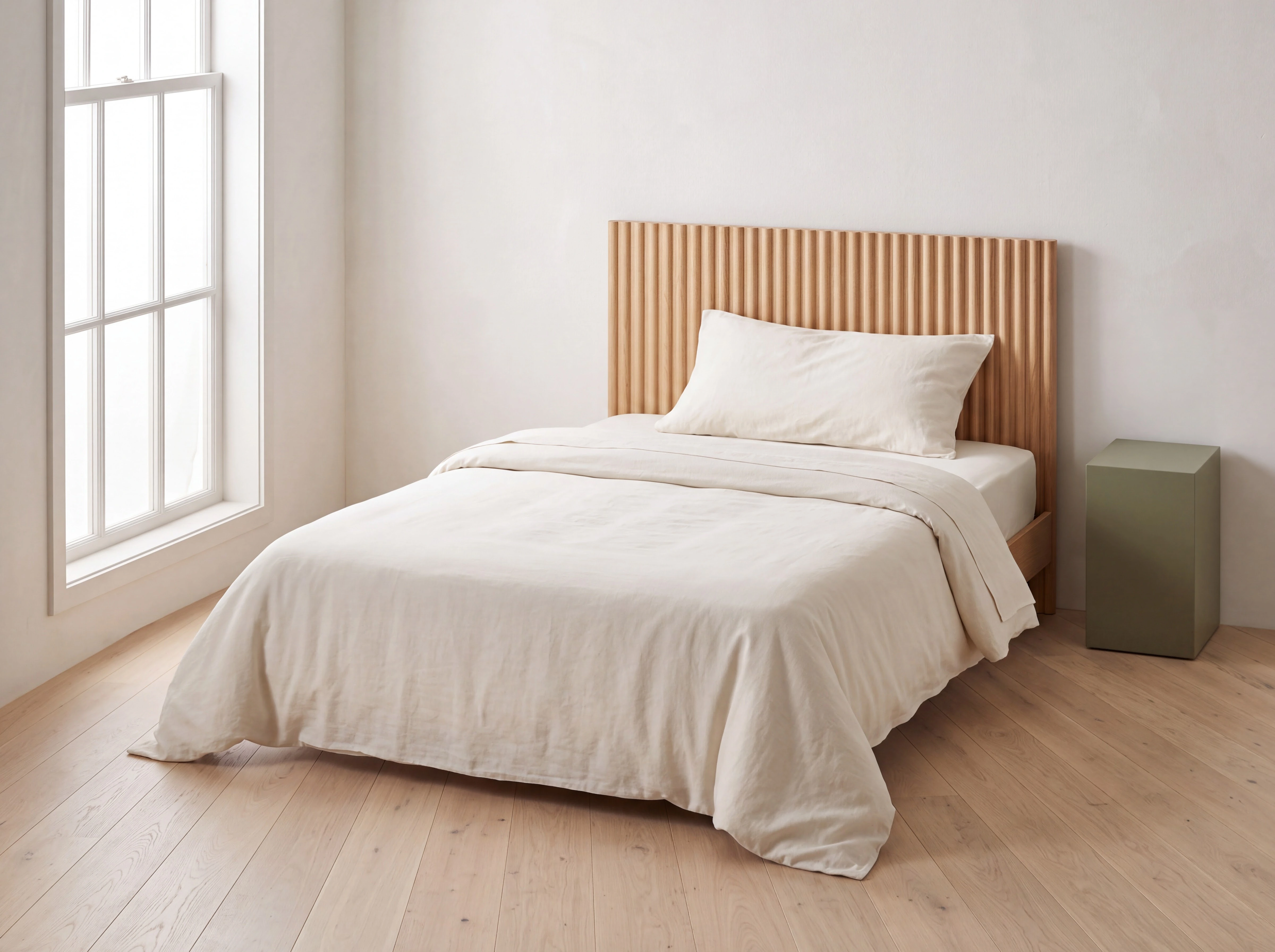 Plain ivory duvet cover and pillowcase on a wooden bed before the linen repeat is applied