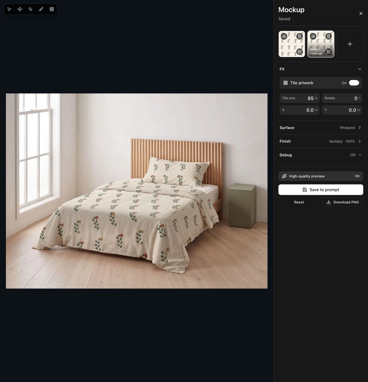 Bedding mockup editor with separate duvet and pillowcase layers, Tile artwork on and High-quality preview on