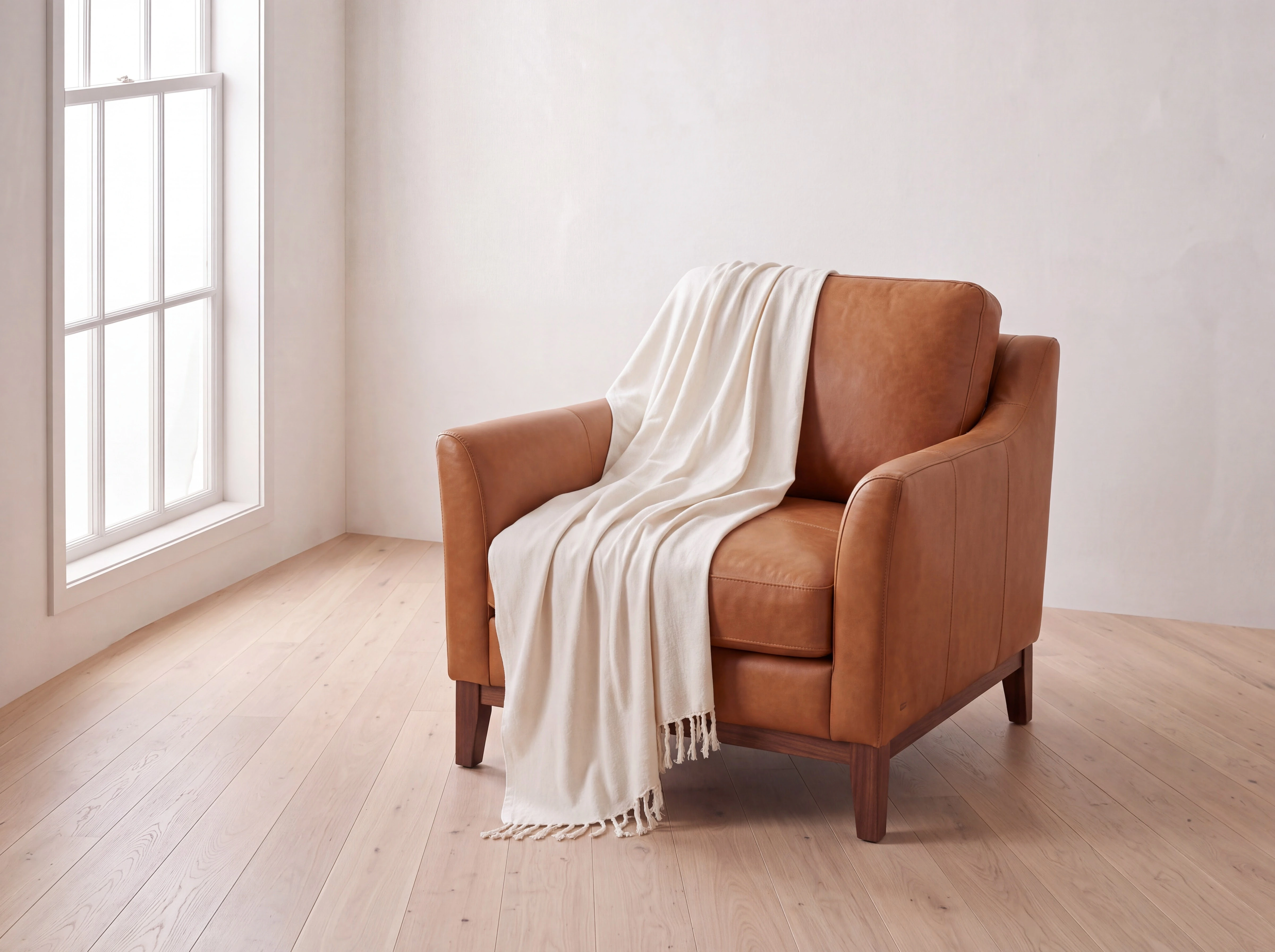Reference-driven plain ivory cotton throw draped over a caramel leather lounge chair before pattern placement
