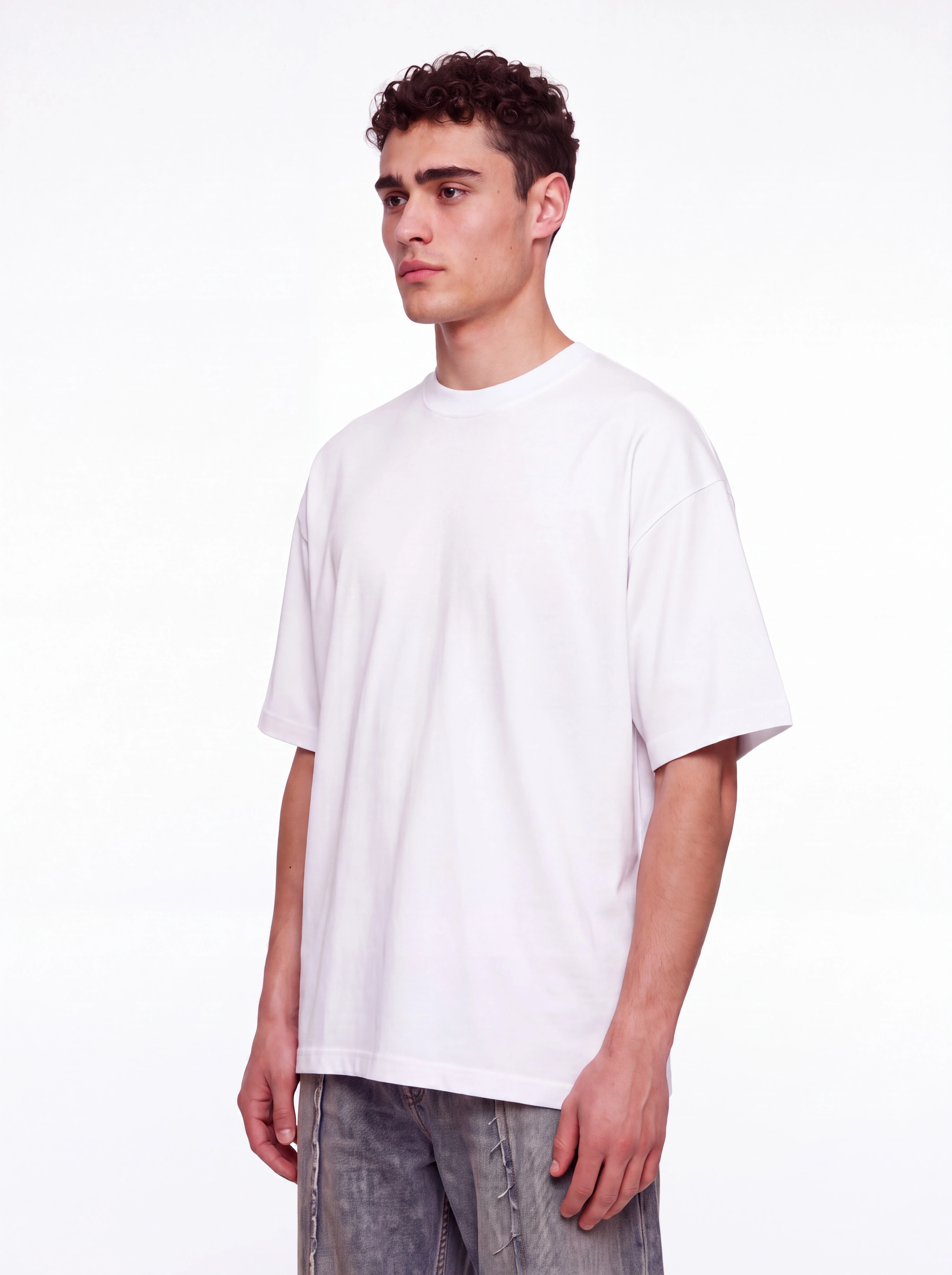 Plain white T-shirt on a model before the supplied front graphic is applied