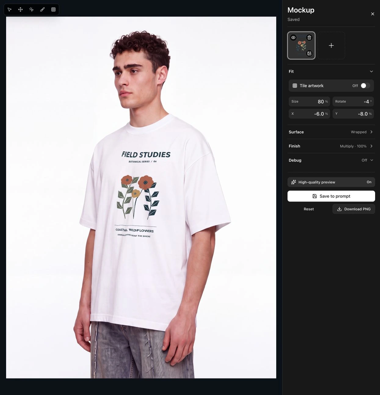 Mockup editor with the printed shirt, Tile artwork off, and the Surface and Finish controls