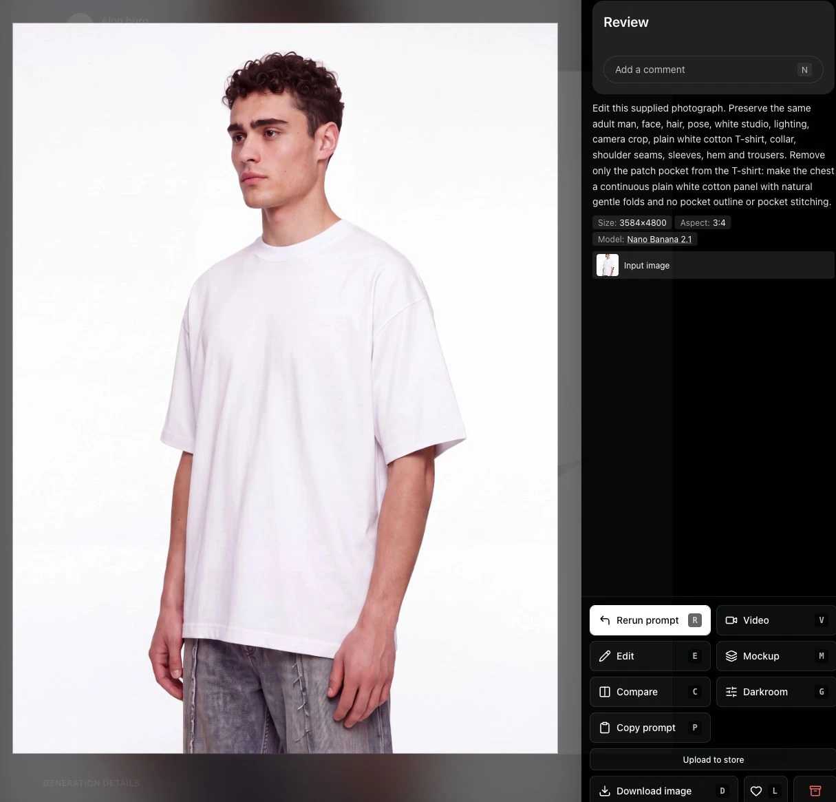 Generated plain white T-shirt in Astria’s lightbox, with the Mockup button and M shortcut in the action panel