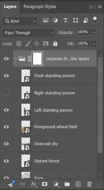 Actual Photoshop layers showing separate Smart Objects for three people, wheat field, sky and forest, with one person layer hidden