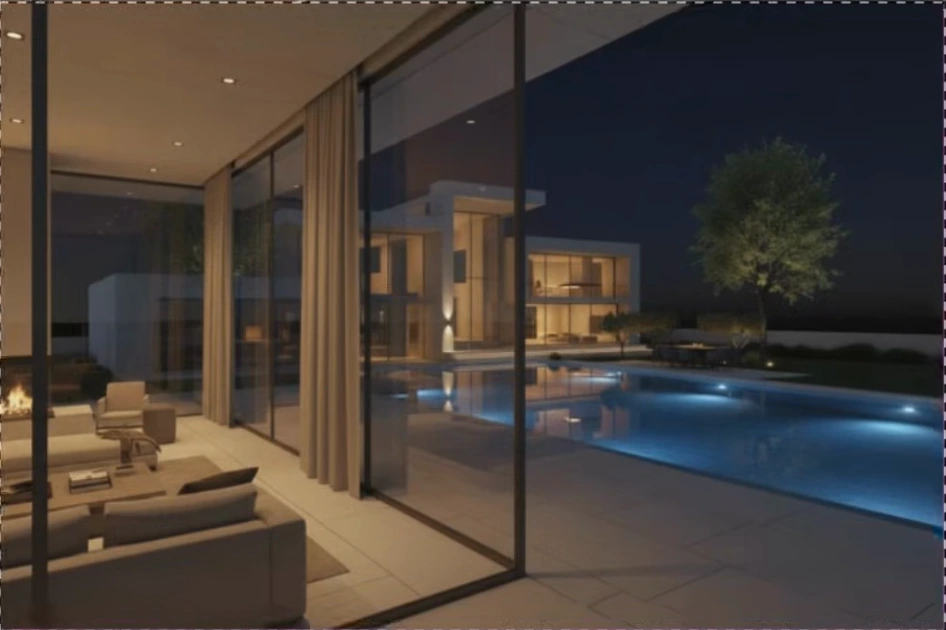 Generated architectural viewpoint beside the house looking toward the pool
