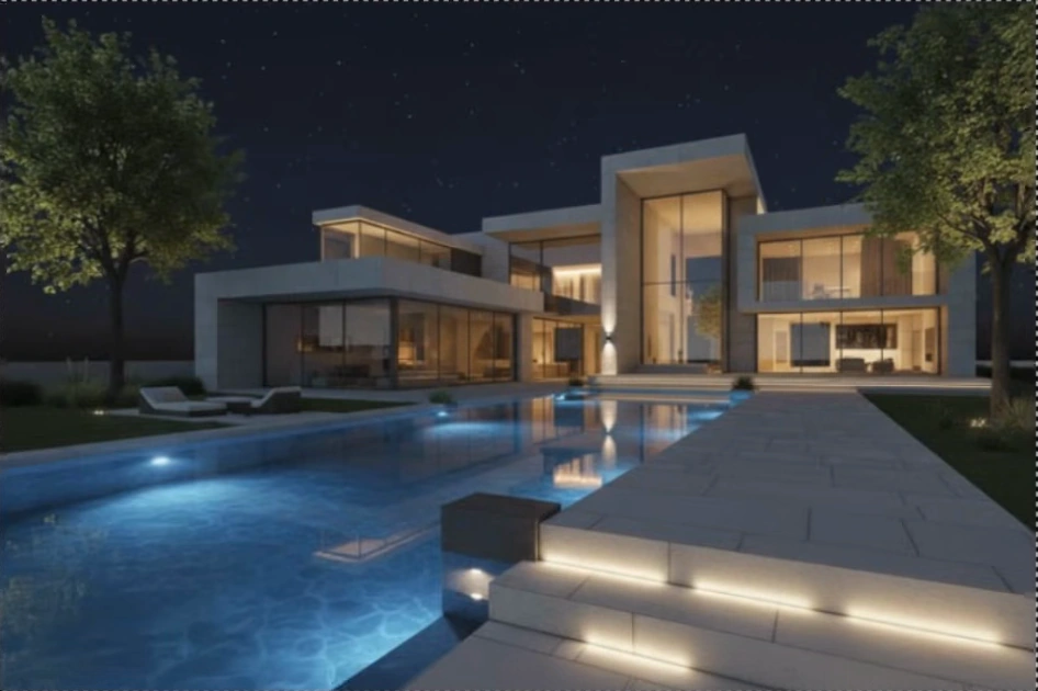 Night concept with blue pool lighting and warm house lighting
