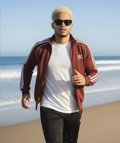 After: daylight beach close-up of the model with blonde hair and sunglasses
