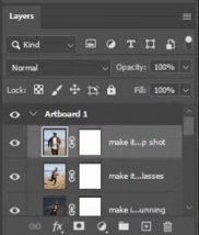 Recorded Photoshop Layers panel with successive campaign image layers and white masks