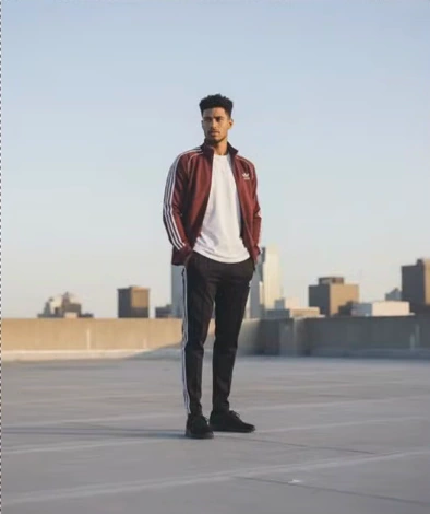 Before: full-body model in a burgundy track jacket standing on a rooftop