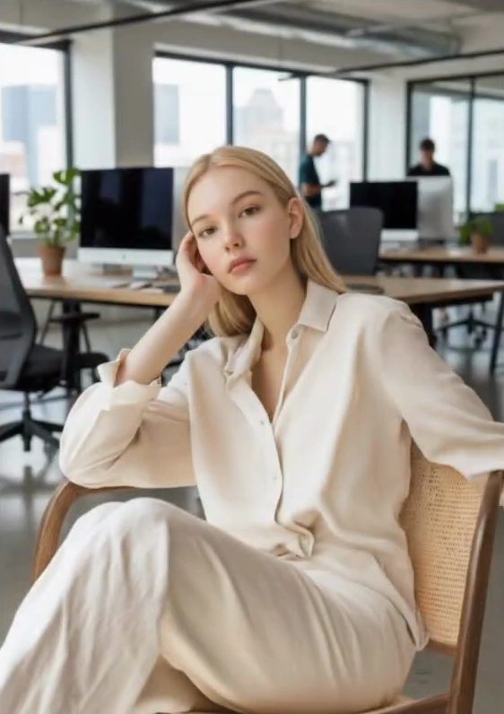 After: same seated portrait with blonde hair and an office background