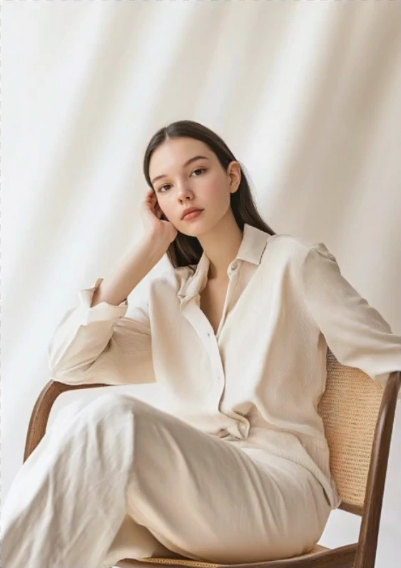 Before: brunette woman seated in a cream outfit against a light curtain