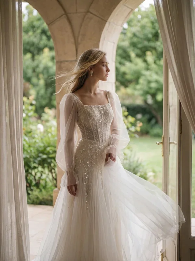 Bride wearing the referenced dress beside an arched terrace door