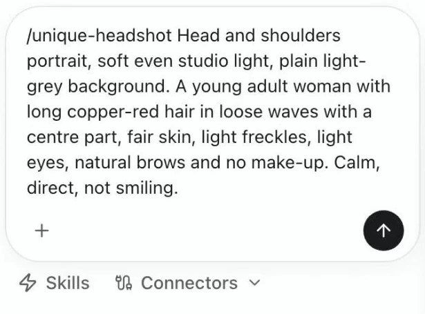 Agent message describing long copper-red wavy hair, light freckles and a natural no-makeup look