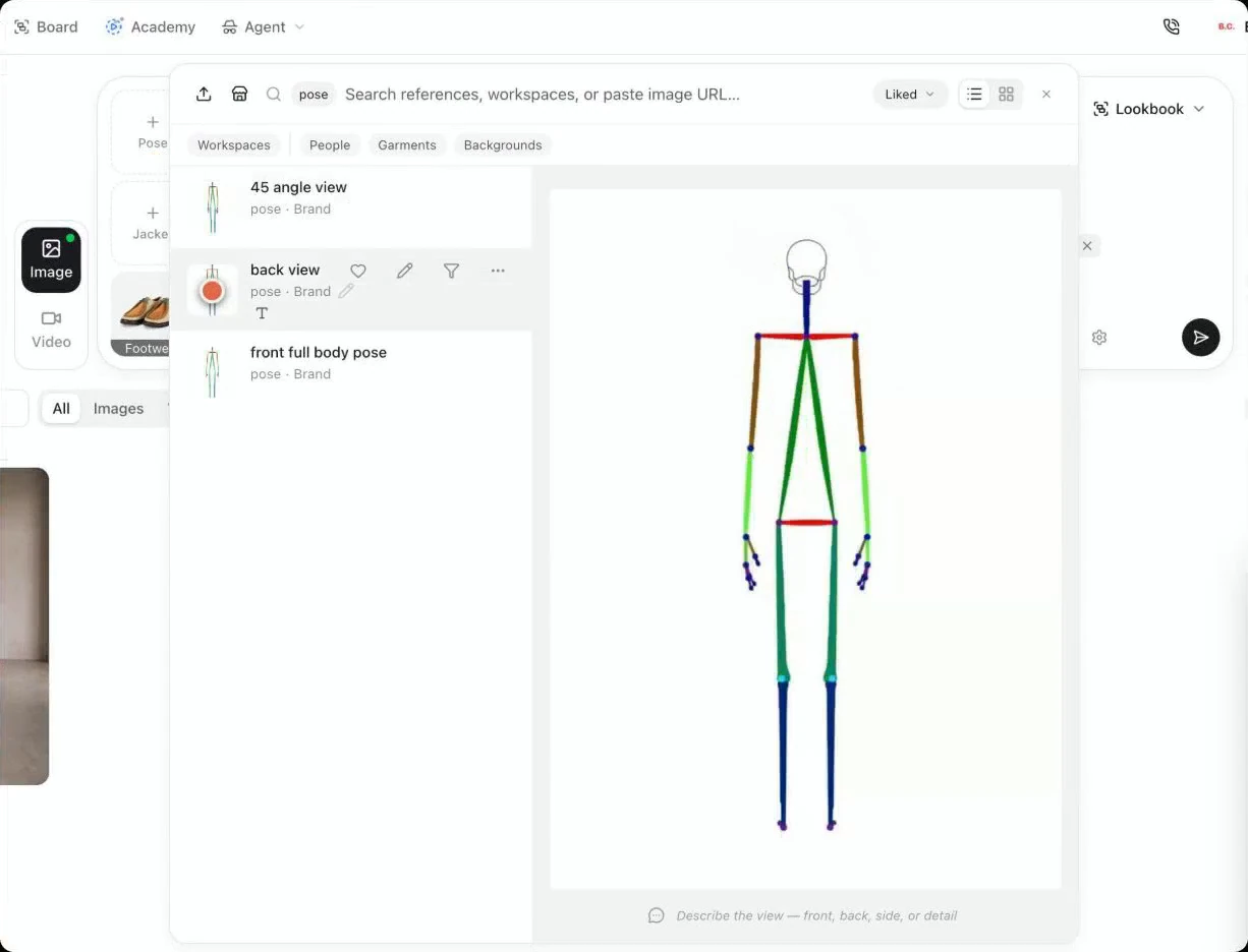 Astria Pose reference picker showing a back-view stick figure and available pose references