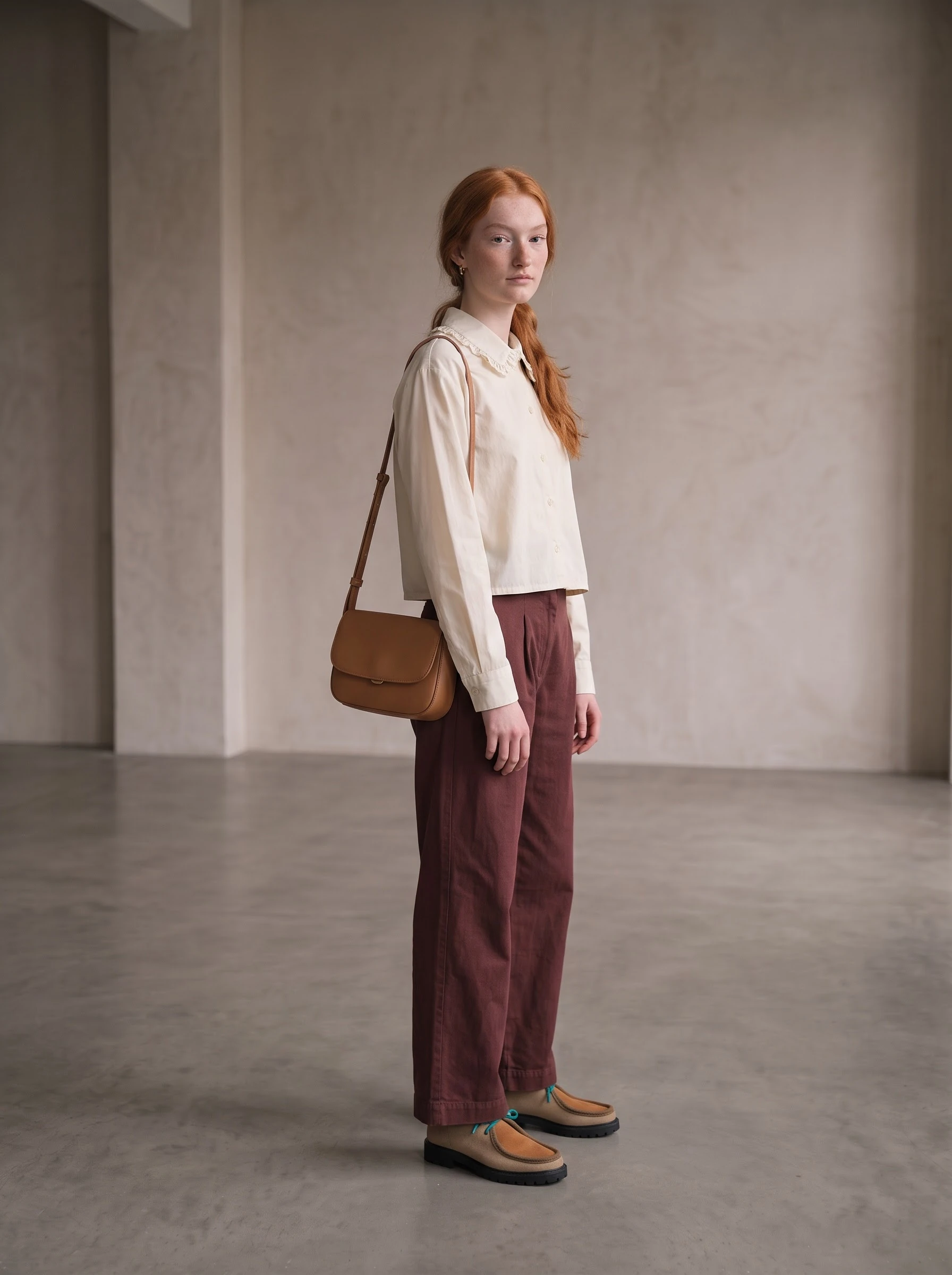 Turned full-length view of the same styled look in the matching neutral setting
