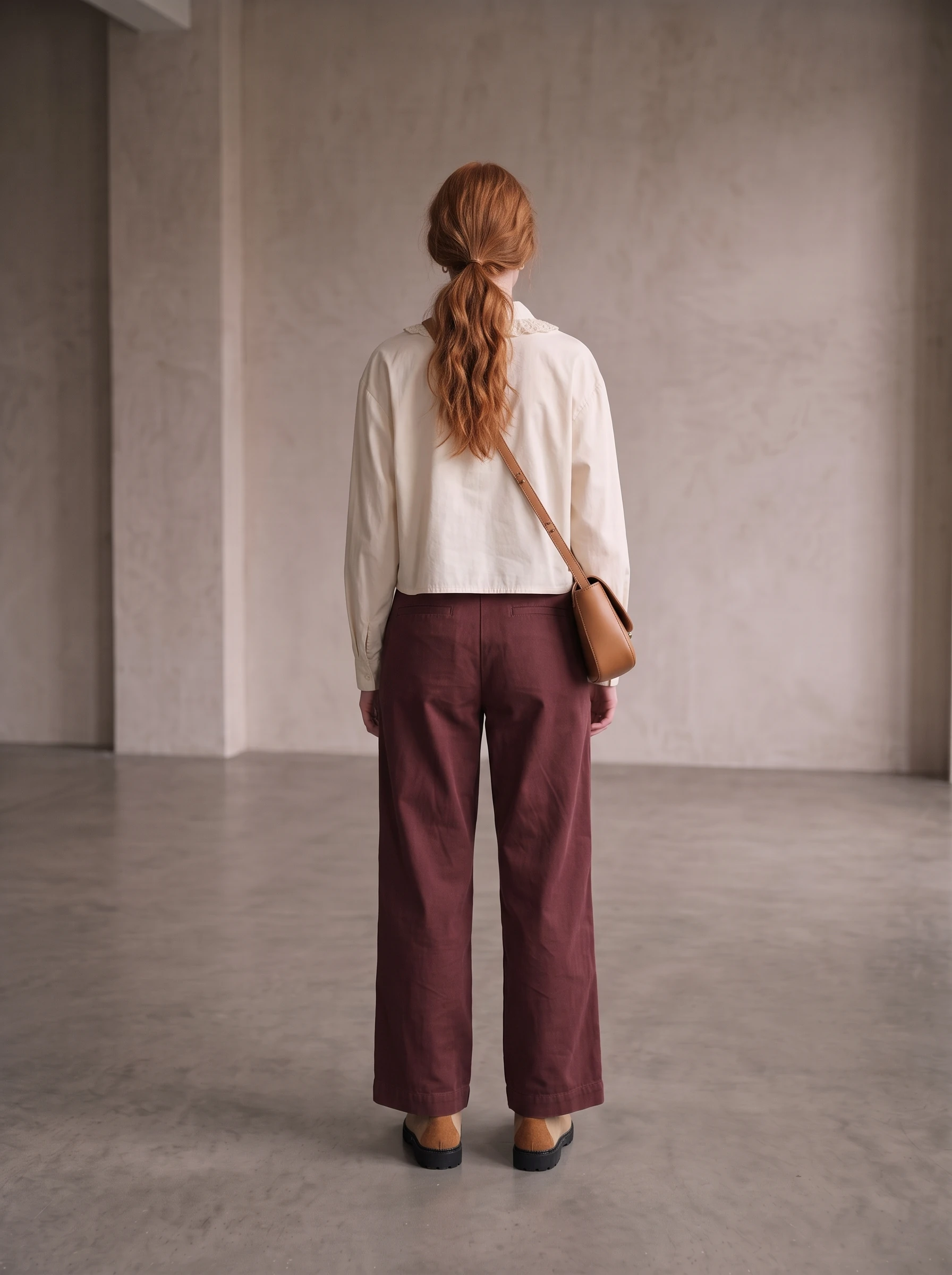 Back full-length view of the same referenced shirt, trousers and shoulder bag