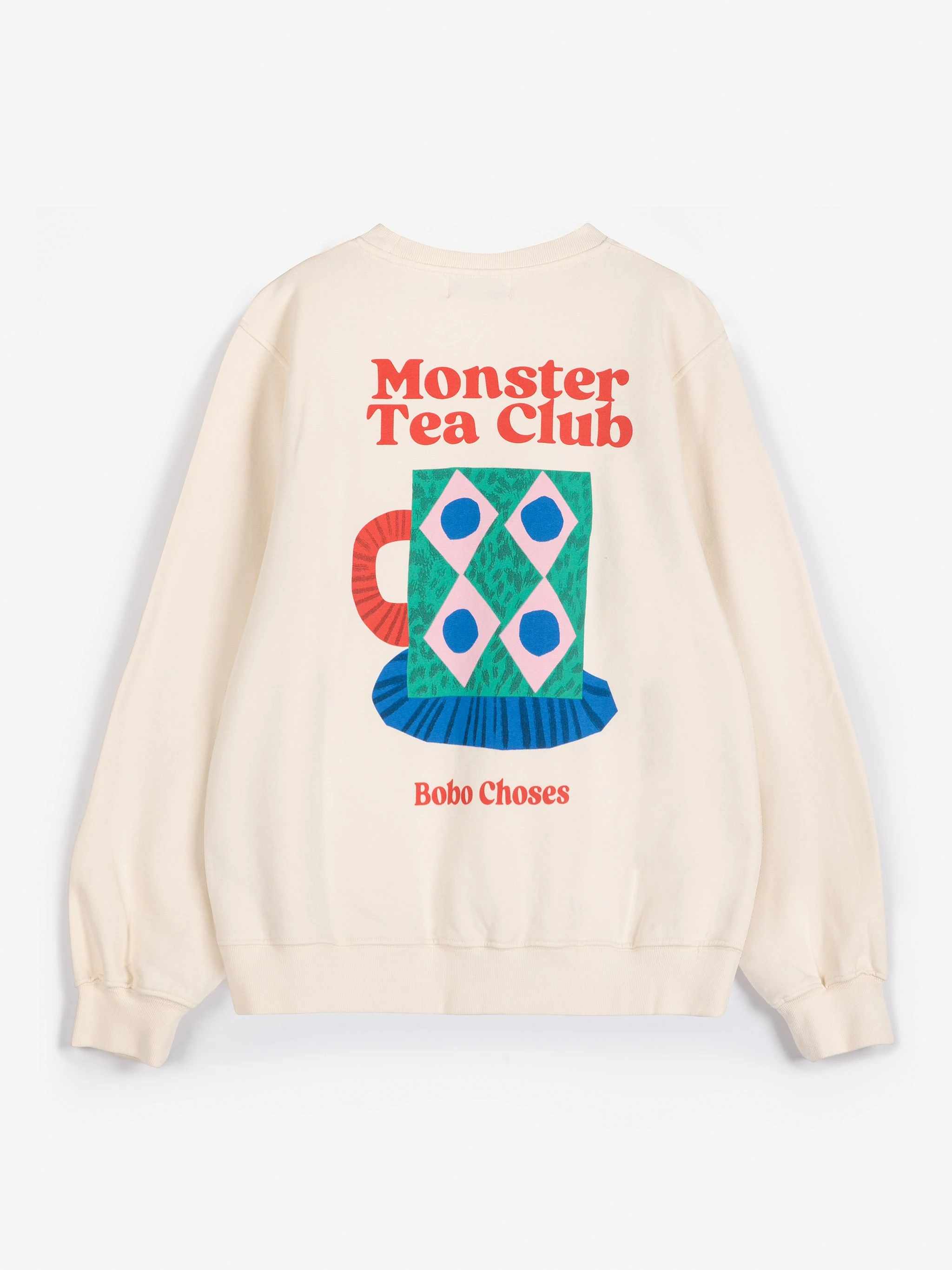 Back of the Bobo Choses Monster Mug sweatshirt with the large Monster Tea Club graphic
