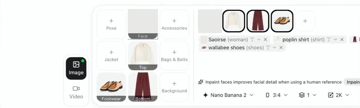 Lookbook composer with the Background reference square beside the outfit references