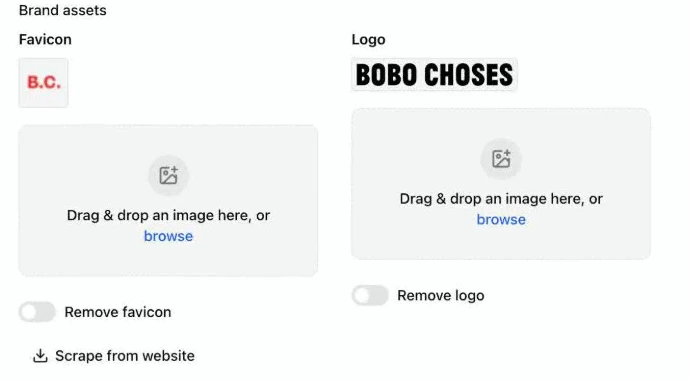 Workspace brand assets showing Bobo Choses favicon and logo above Scrape from website