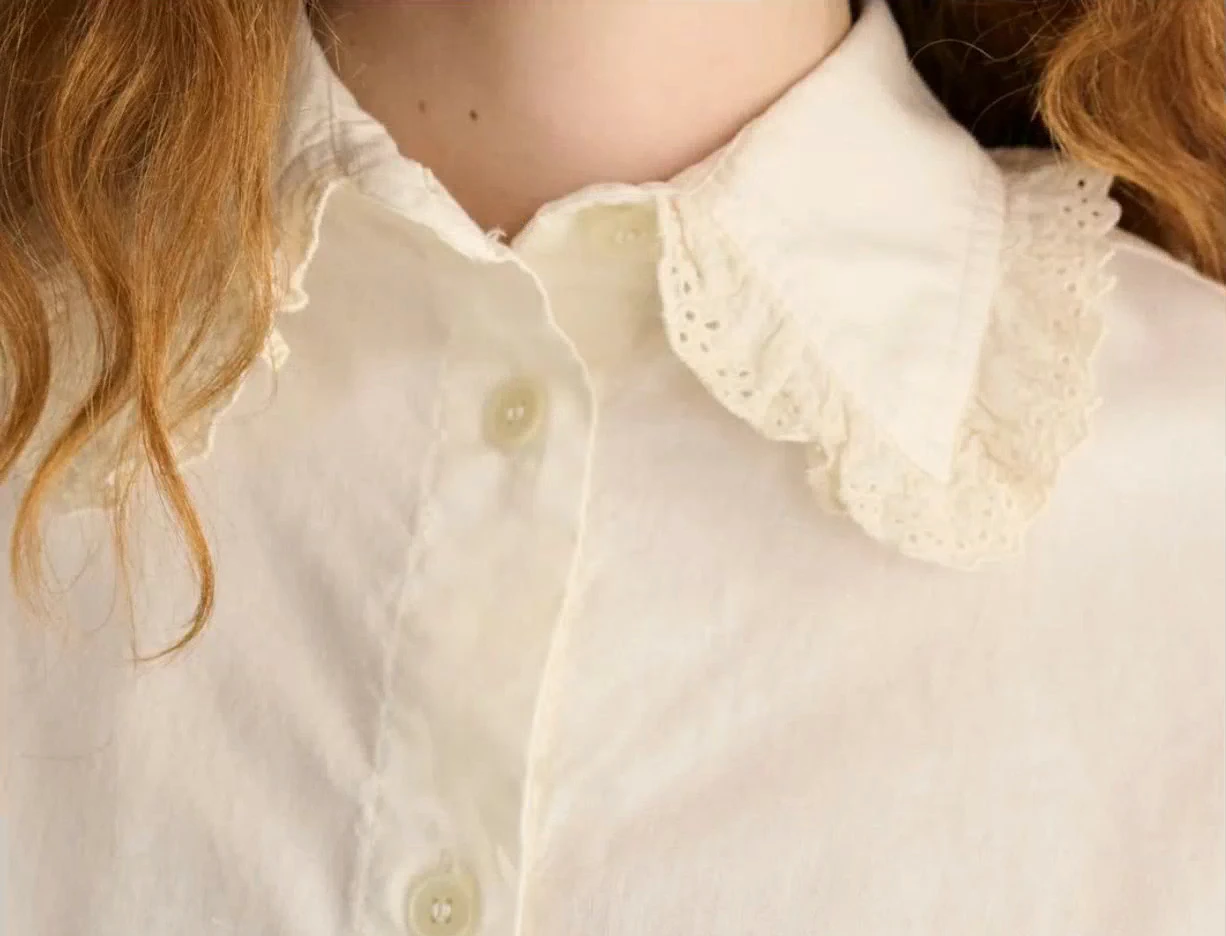 Close-up of the cream shirt’s lace collar in the workshop video