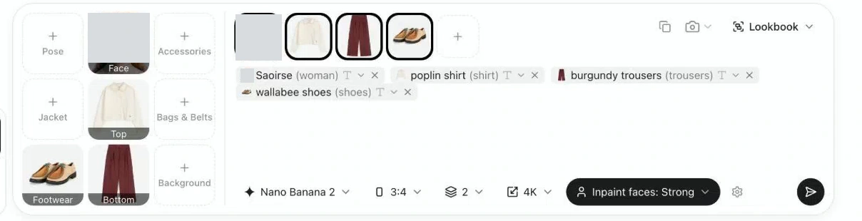 Lookbook reference squares populated with the shirt in Top, trousers in Bottom and shoes in Footwear