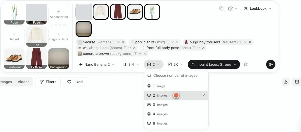 Completed Lookbook setup showing Nano Banana 2, 3:4 aspect ratio, two images per prompt and 2K resolution
