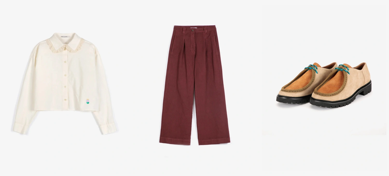 The workshop’s three product references: cream lace-trimmed shirt, burgundy wide-leg trousers and tan suede shoes with teal laces