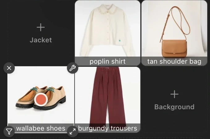 Clothing and accessory reference squares for the first template outfit, showing shirt, trousers, shoes and shoulder bag