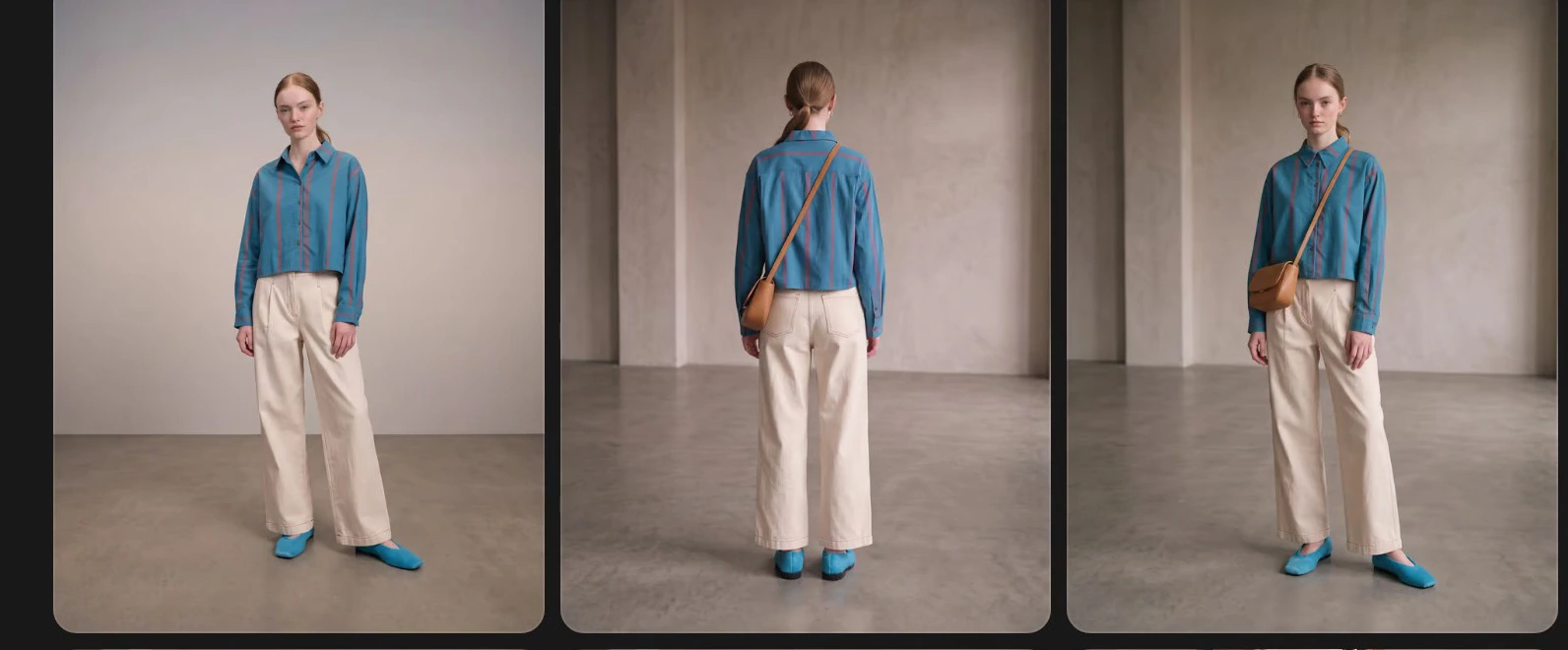 Recorded results showing front, back and angled views of the blue striped shirt with cream trousers
