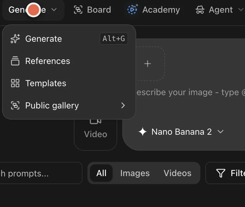 Astria Generate menu showing Templates beneath References