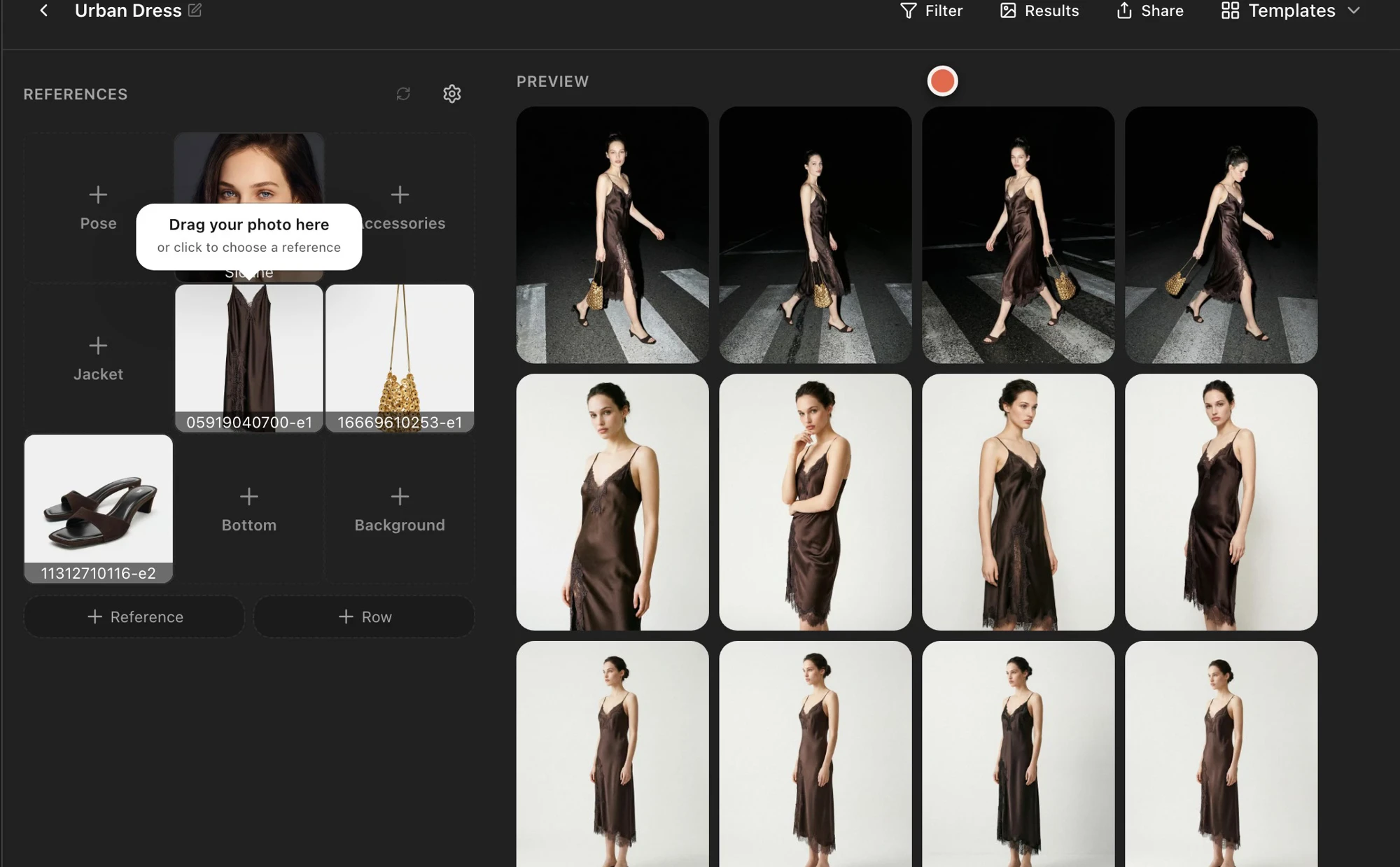 Urban Dress template showing dress references and a preview set of walking, full-length and closer garment views
