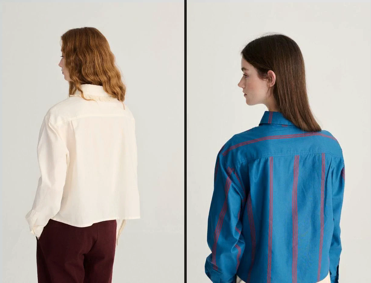 Corresponding turned and back views of the cream shirt and blue striped shirt