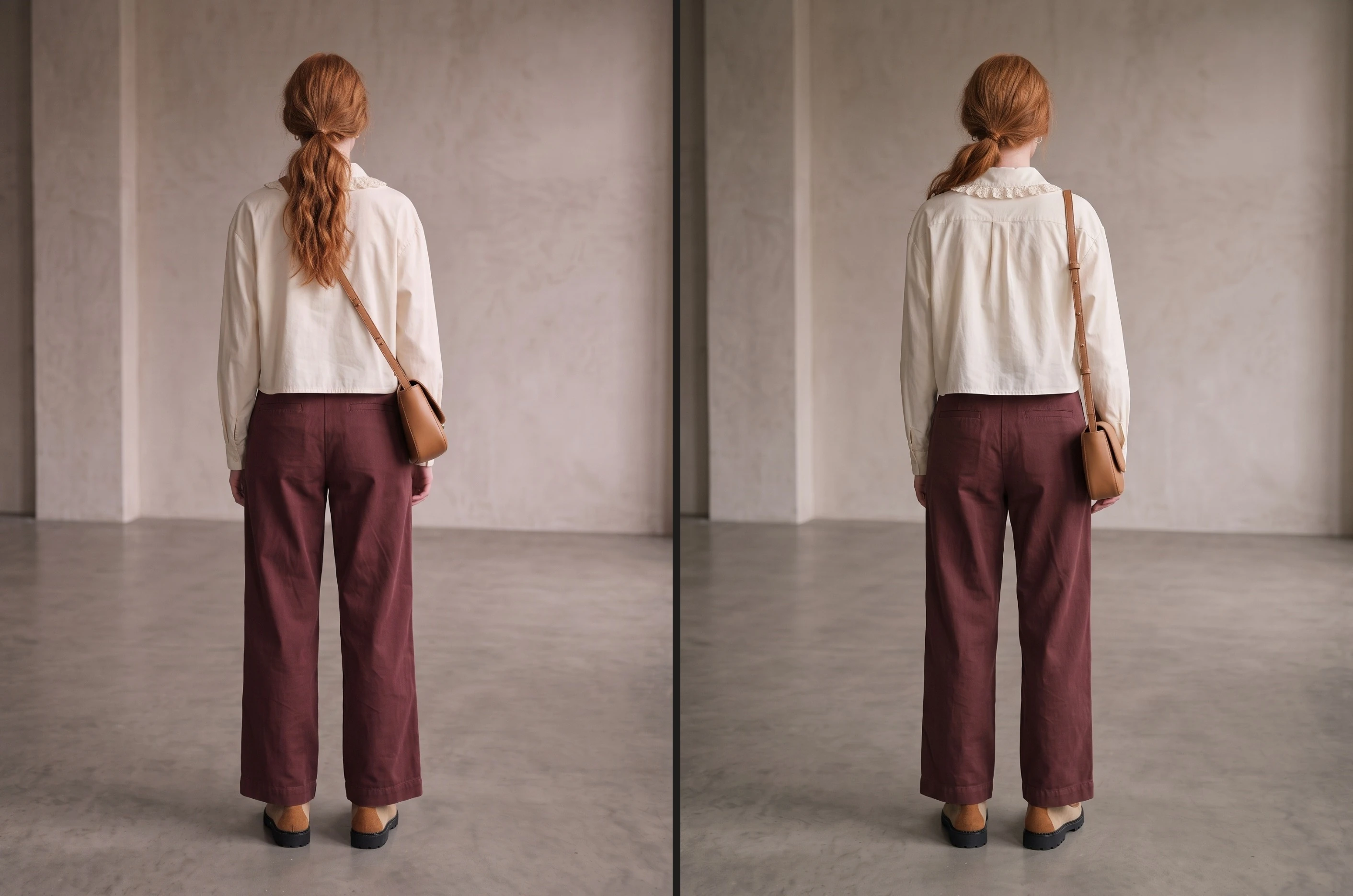 Two full-length back views from the finished workshop lookbook