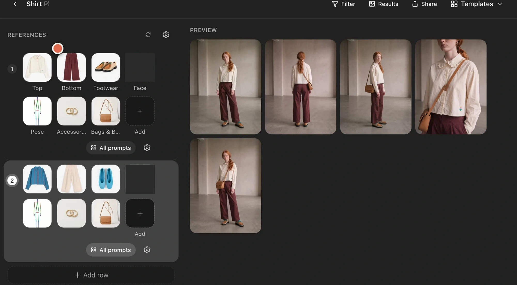 Two individually styled outfits in separate template rows