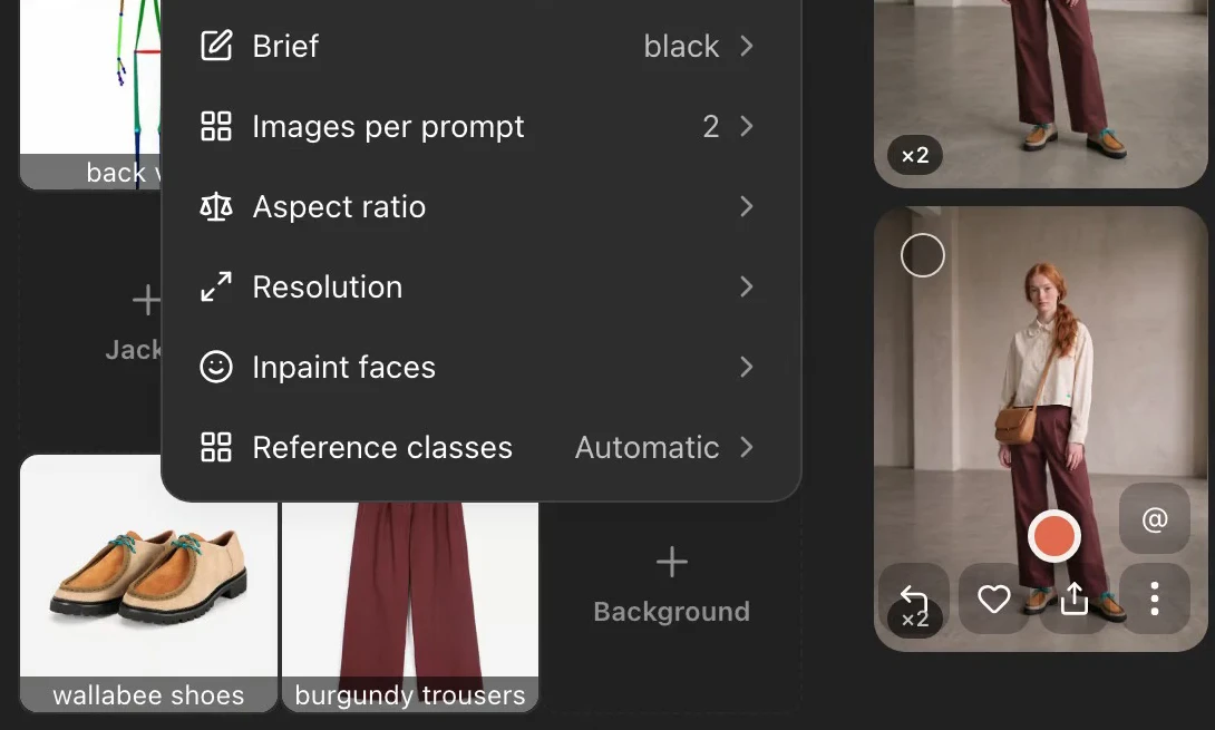 Cogwheel menu showing the Brief control set to black, above images per prompt and aspect ratio