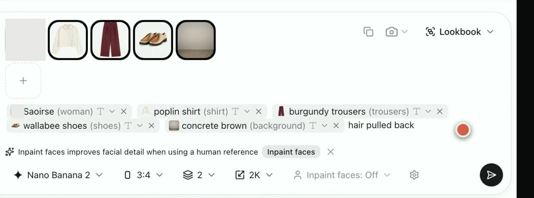 Astria Lookbook prompt box and the selected face, shirt, trousers, shoes and background references