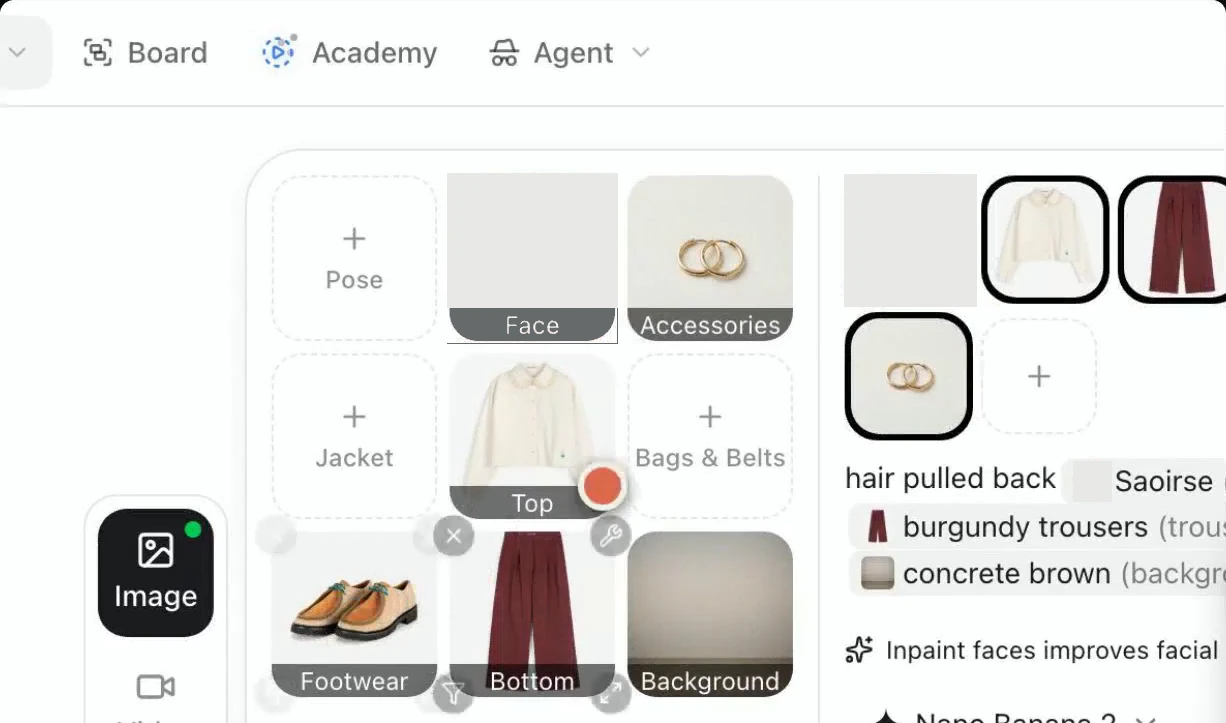 Lookbook reference squares including Accessories, Bags and Belts, Top, Bottom and Footwear